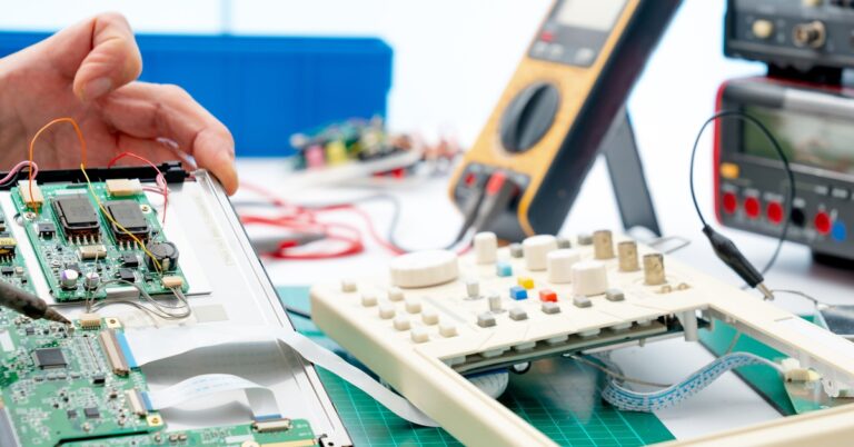 A technician is soldering electronic circuit board using tools and testing equipment on a disassembled device.