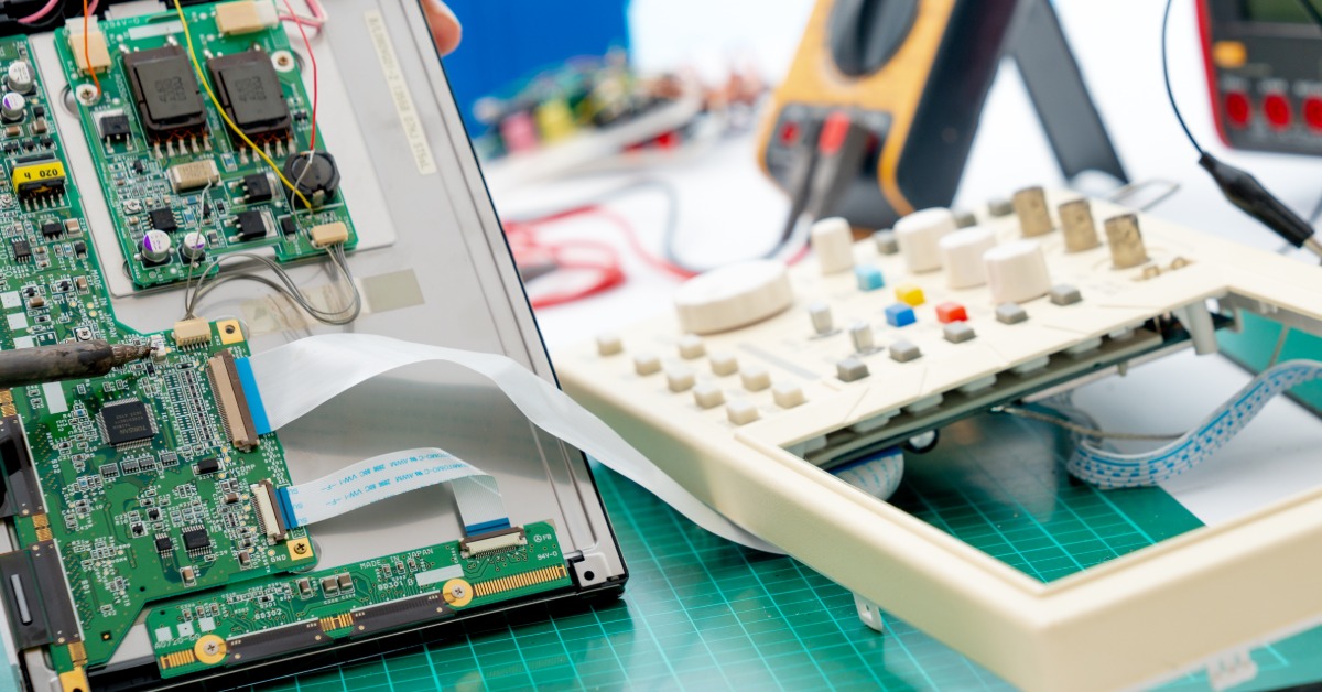 Disassembled electronic device with exposed circuit boards, ribbon cables, and testing equipment on a repair workbench.
