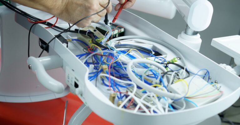 A technician uses test probes to inspect electrical components inside an opened piece of clinical equipment.